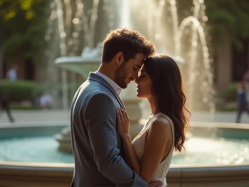 Photo artistique d’un couple près d’une fontaine à Bordeaux.
